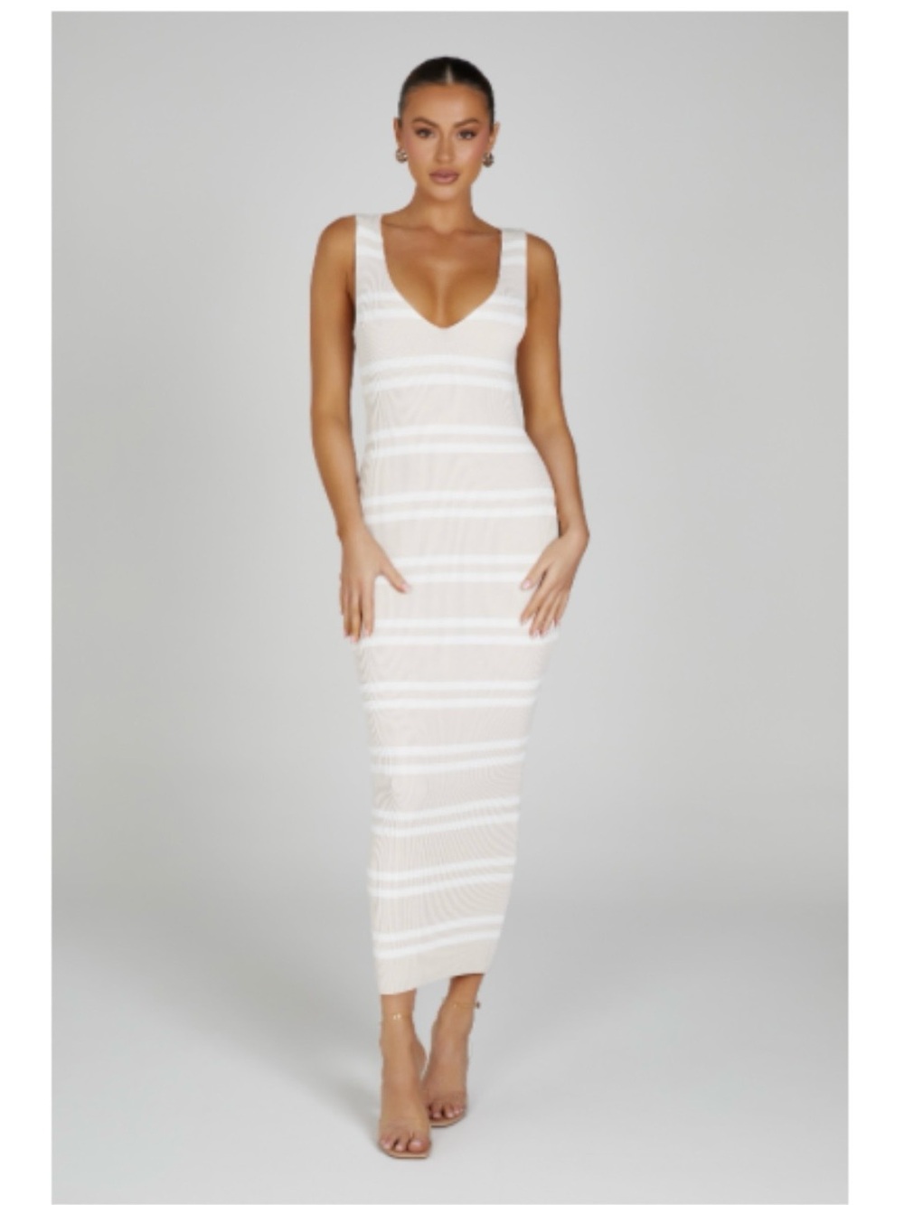 Meshki Beige and White Striped Midi Dress